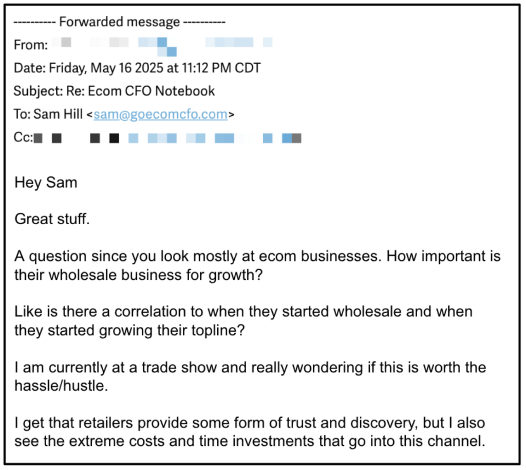 A screenshot of an email from a client asking about how important wholesale is to growing revenue